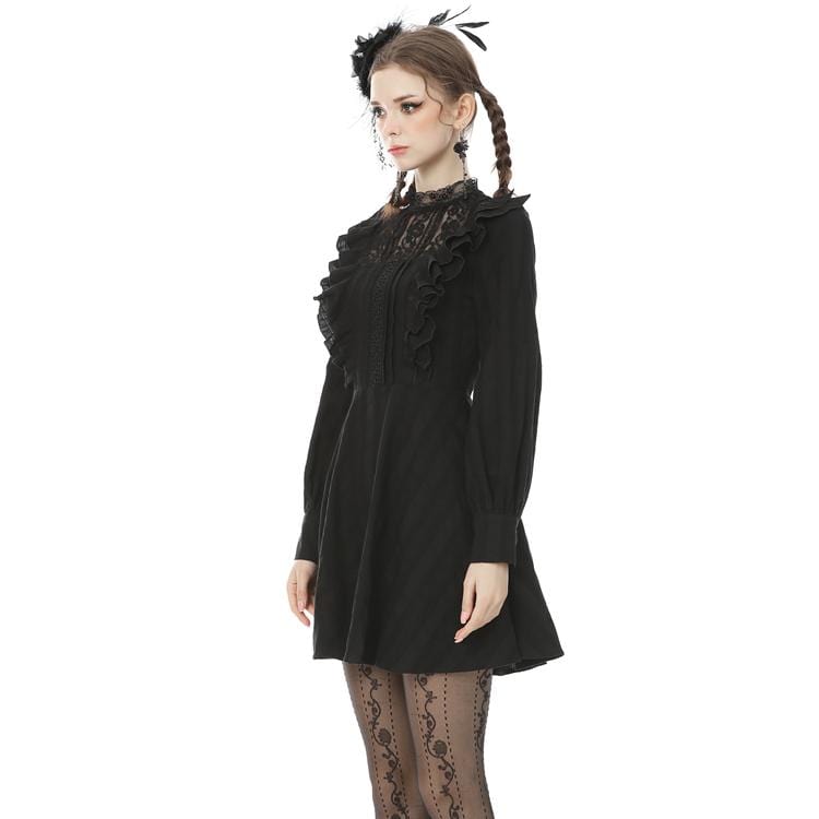 Women's Goth Lace Collar Long Sleeved Ruffles Black Little Dresses