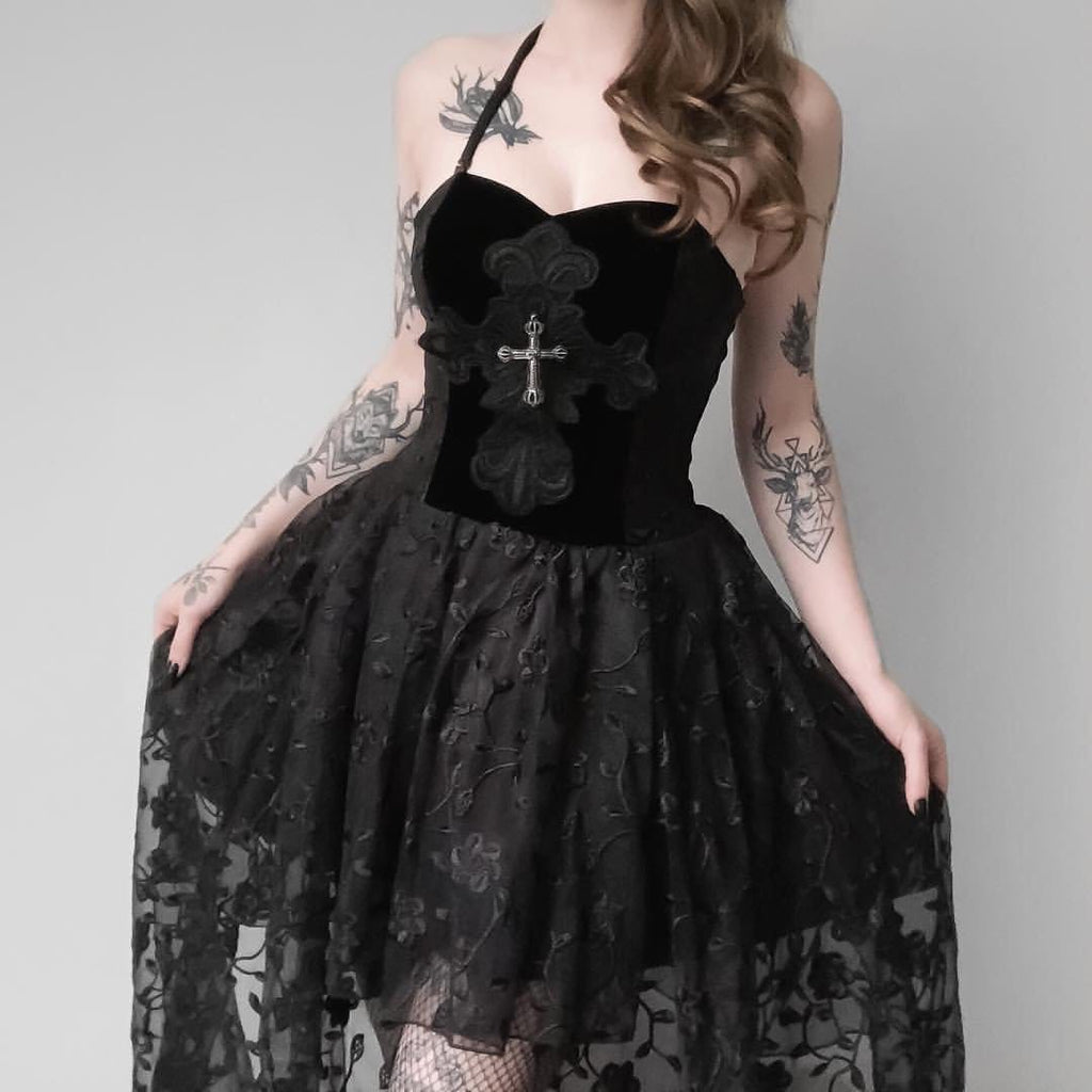 Darkinlove Women's Goth Multilayer Floral Black Lace Gown Dress