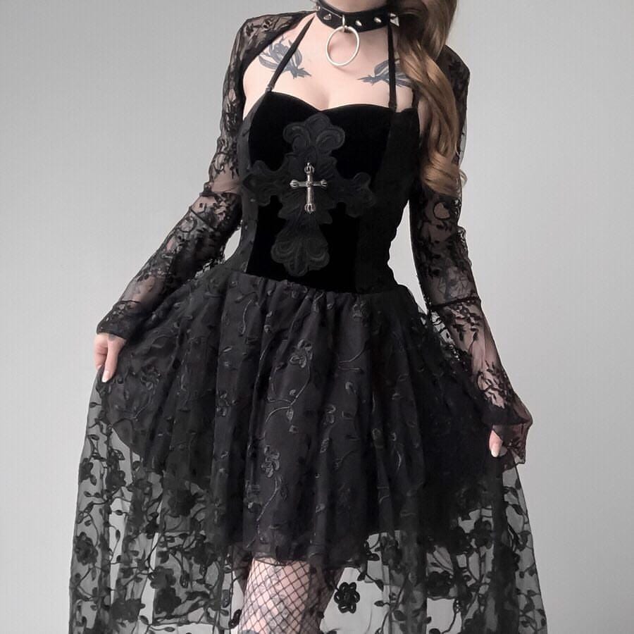 Darkinlove Women's Goth Multilayer Floral Black Lace Gown Dress