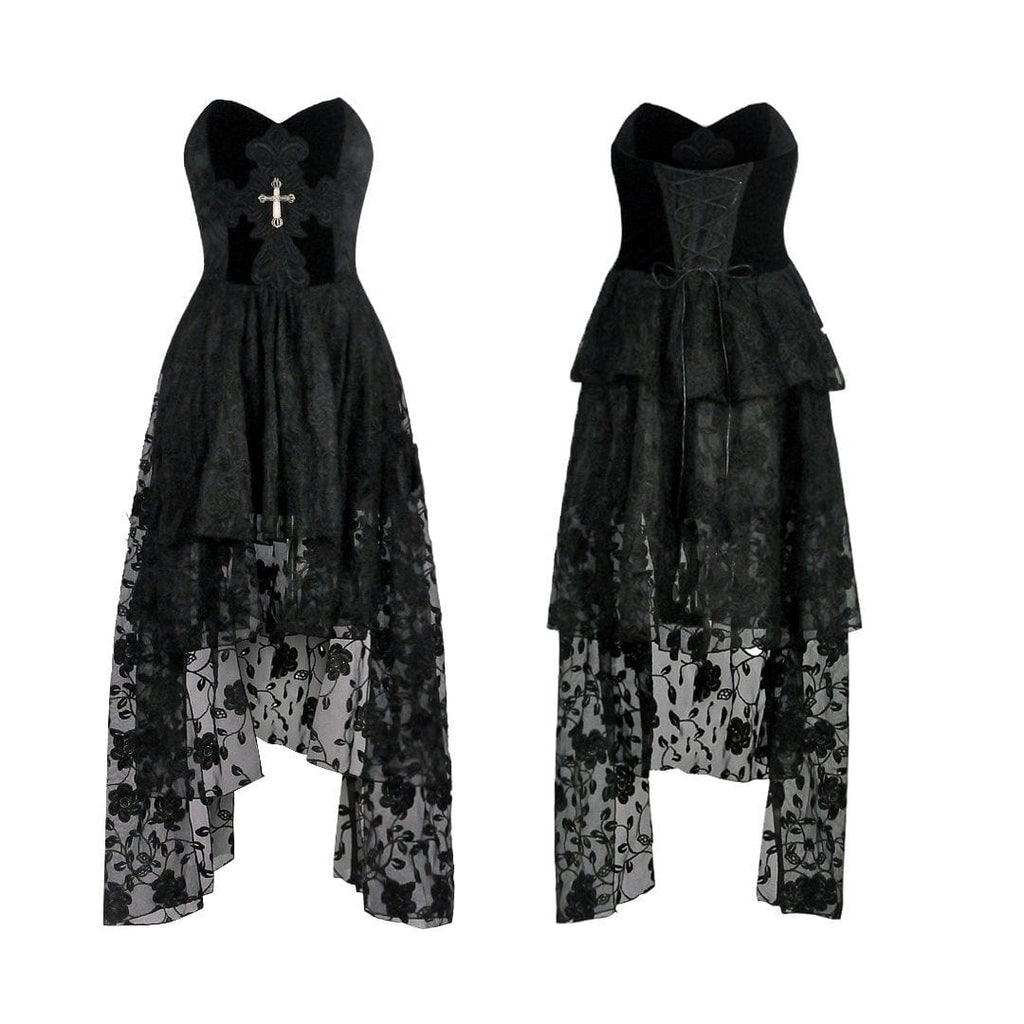 Darkinlove Women's Goth Multilayer Floral Black Lace Gown Dress