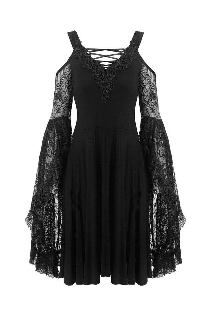 Darkinlove Women's Goth Off Shoulder Black Little Dress With Lace Flare Sleeves