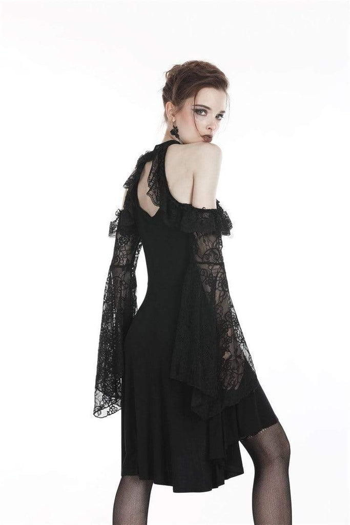 Darkinlove Women's Goth Off-Shoulder Lace Black Little Dress With Flare Sleeves