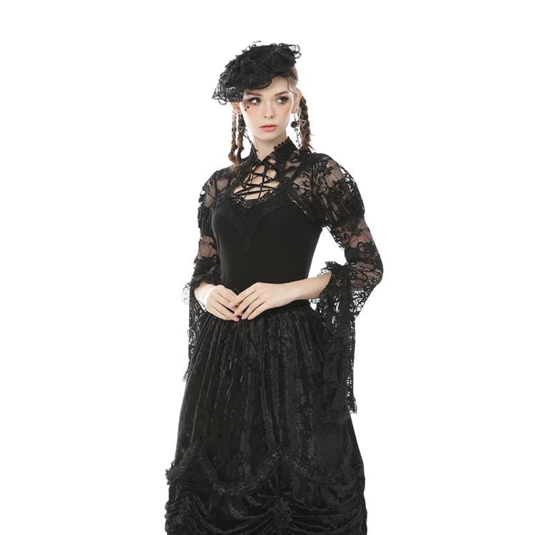 Women's Goth Sheer Floral Lace Cape with Puff Sleeves