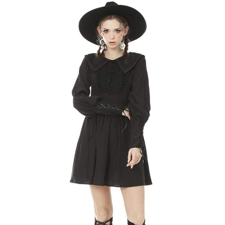 Women's Goth Turn-down Collar Long Sleeved Ruffles Black Little Dresses