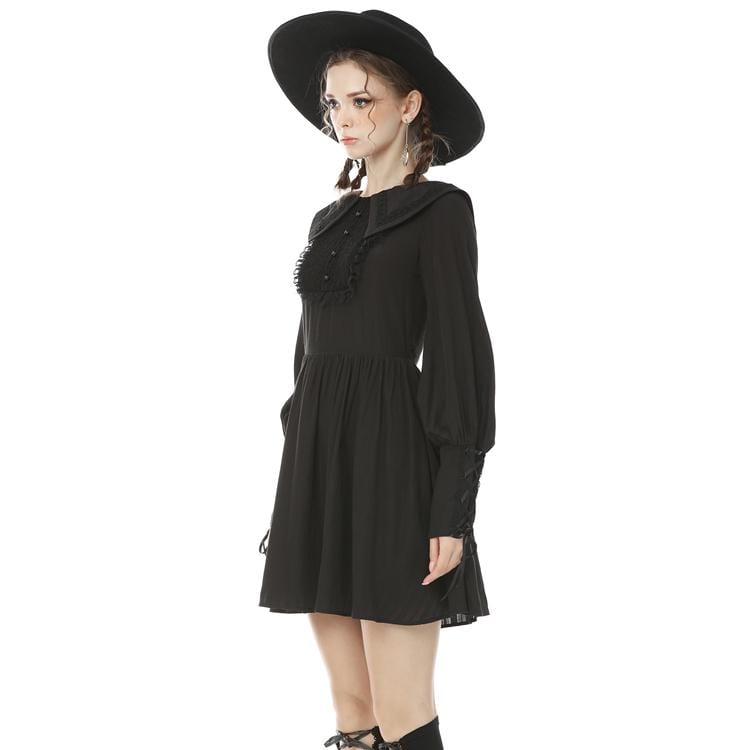 Women's Goth Turn-down Collar Long Sleeved Ruffles Black Little Dresses