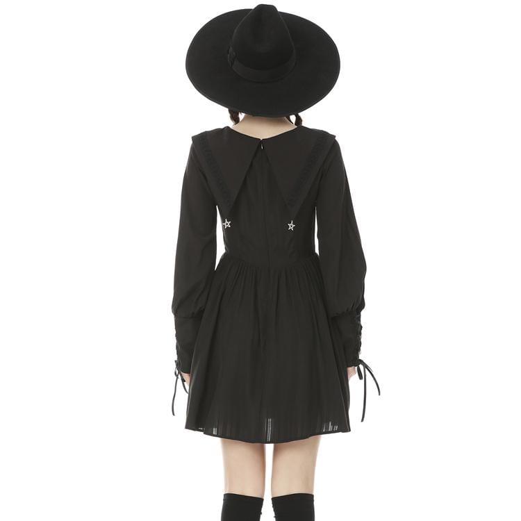 Women's Goth Turn-down Collar Long Sleeved Ruffles Black Little Dresses