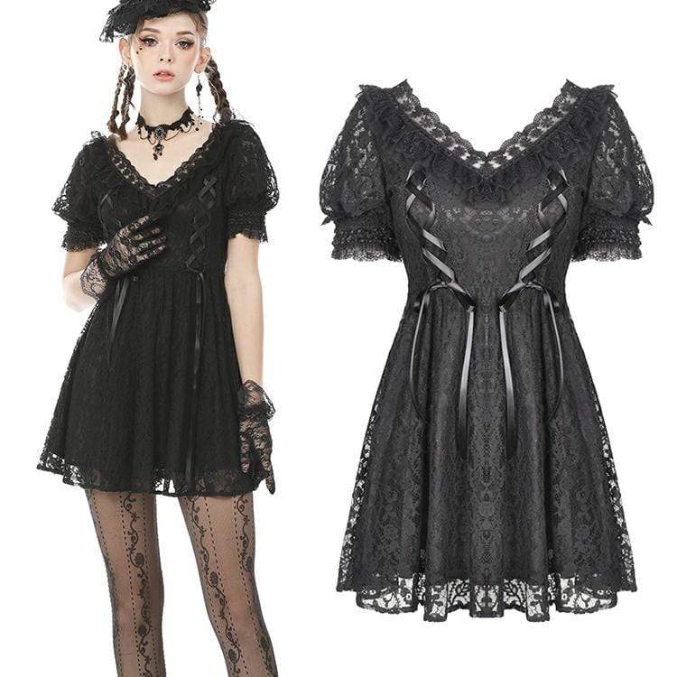 Women's Goth V-neck Floral Lace Black Little Dresses