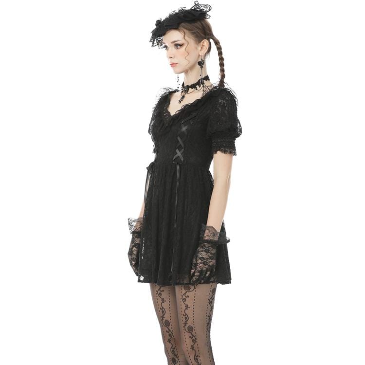 Women's Goth V-neck Floral Lace Black Little Dresses