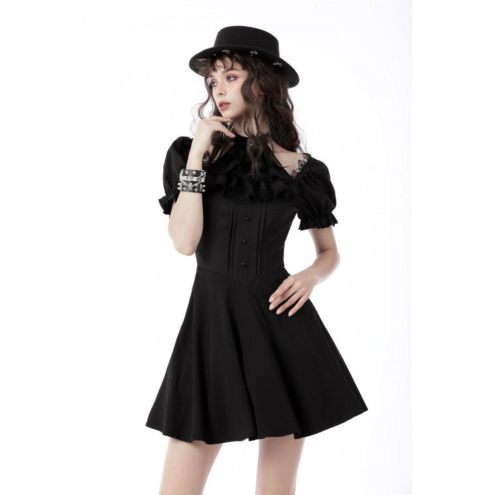 Darkinlove Women's Gothic Cutout Puff Sleeved Black Little Dress