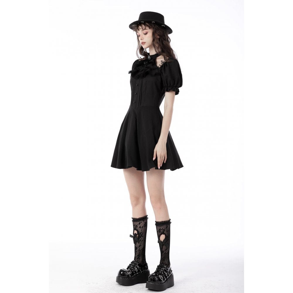 Darkinlove Women's Gothic Cutout Puff Sleeved Black Little Dress