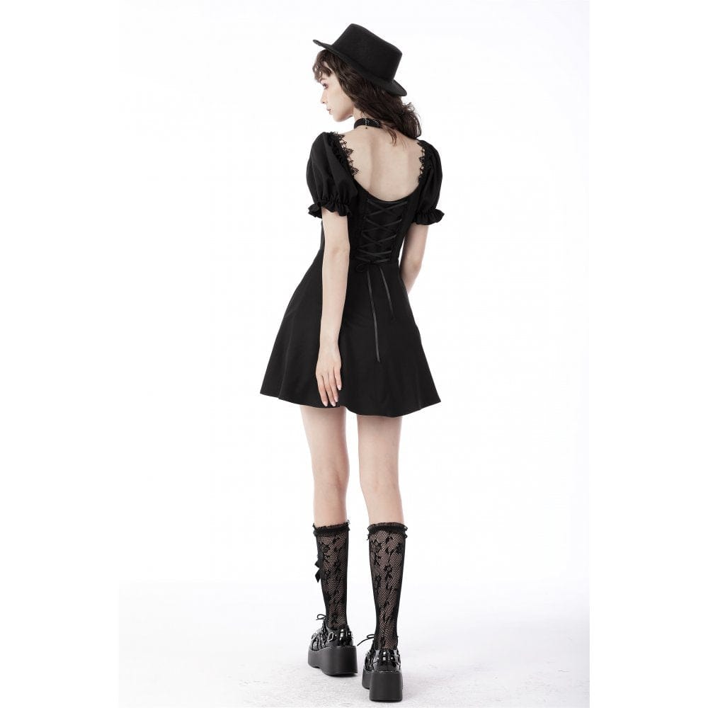 Darkinlove Women's Gothic Cutout Puff Sleeved Black Little Dress