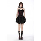 Darkinlove Women's Gothic Front Zip Contrast Color Lace Strapless Dress