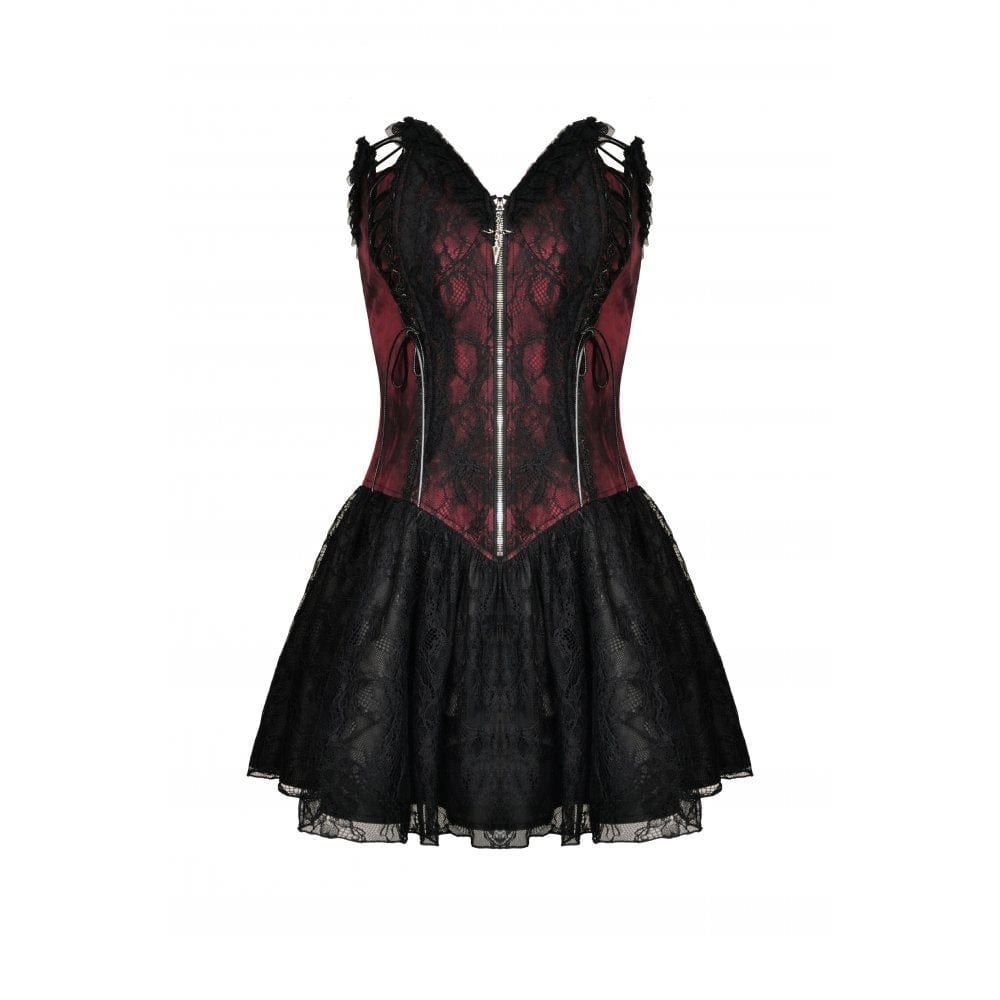 Darkinlove Women's Gothic Front Zip Contrast Color Lace Strapless Dress