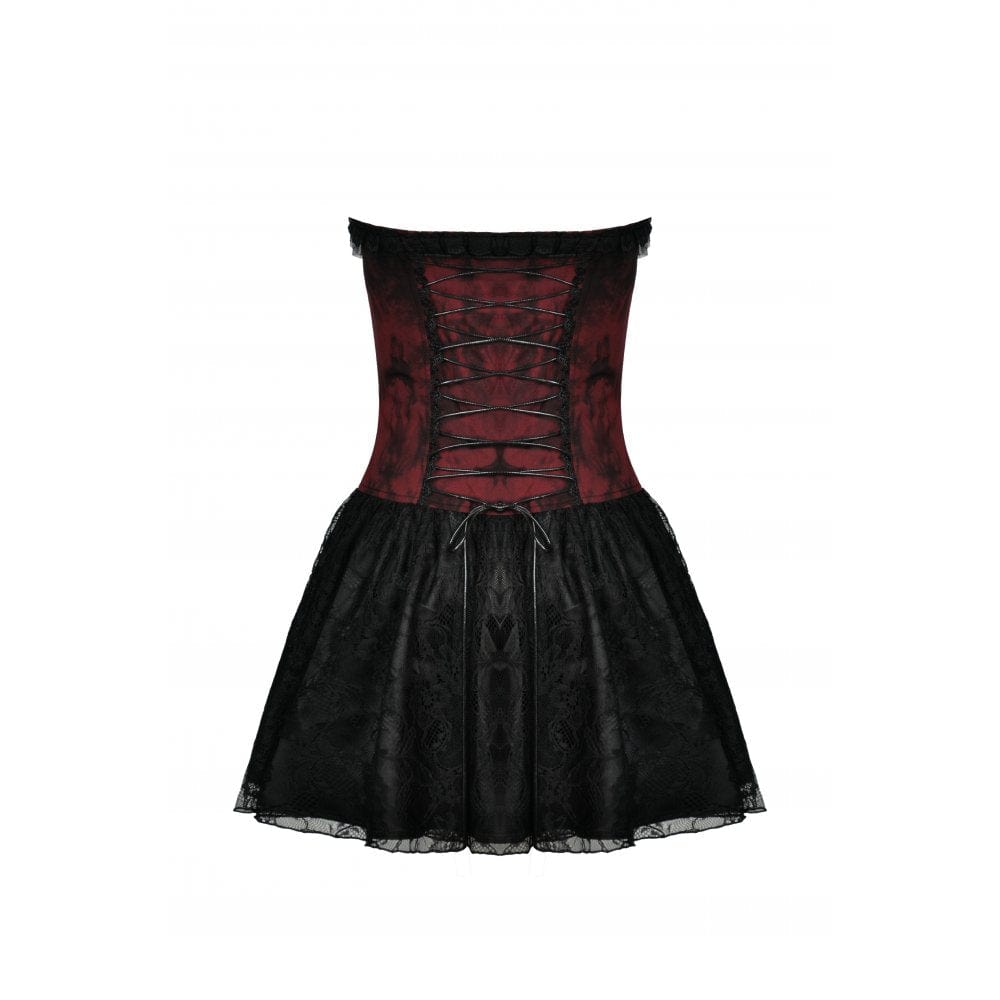 Darkinlove Women's Gothic Front Zip Contrast Color Lace Strapless Dress