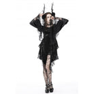 Darkinlove Women's Gothic Irregular Flare Sleeved Lace Splice Velvet Dress