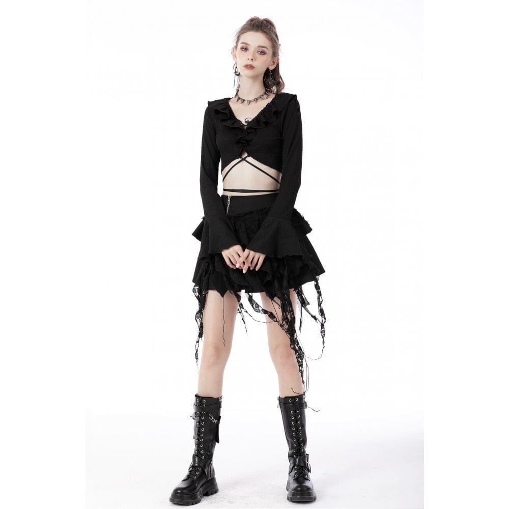 Darkinlove Women's Gothic Lacing-up Puff Sleeved Crop Top