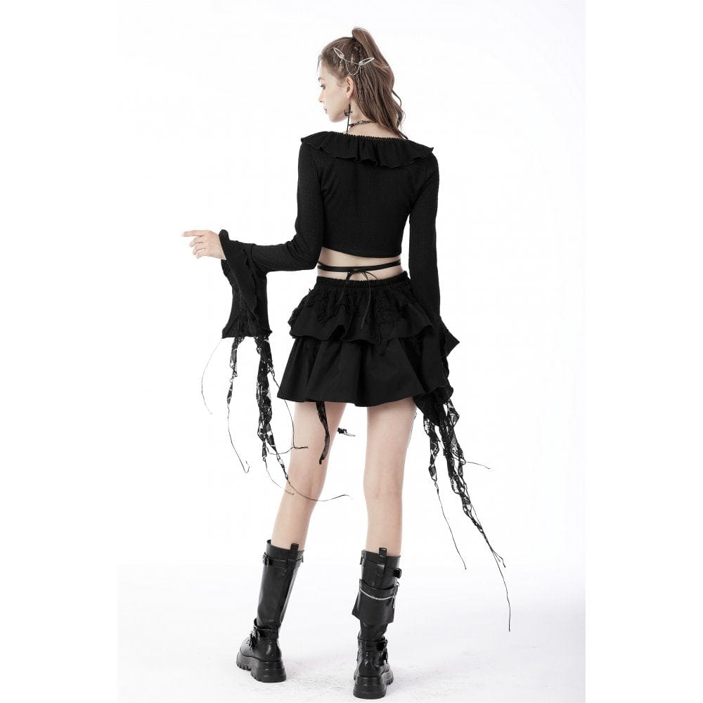 Darkinlove Women's Gothic Lacing-up Puff Sleeved Crop Top