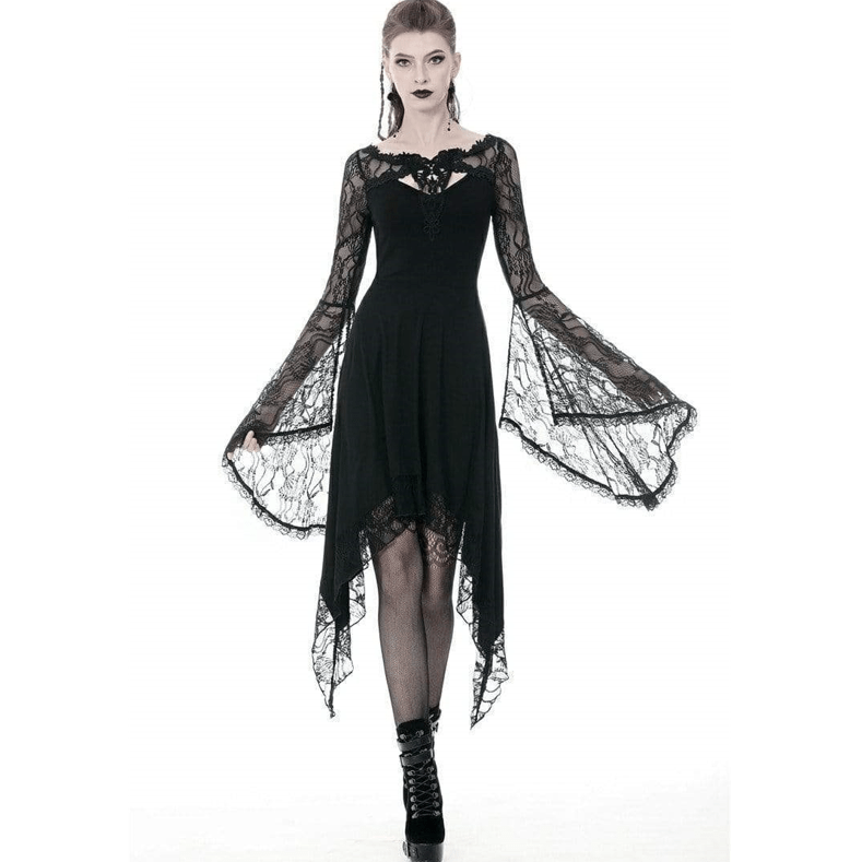 Women's Gothic Lady Hollow Chest Irregular Dresses With Floral Lacey Sleeves