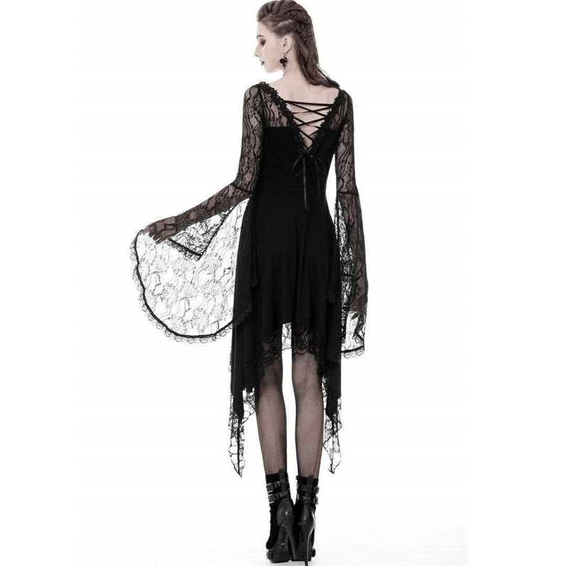 Women's Gothic Lady Hollow Chest Irregular Dresses With Floral Lacey Sleeves