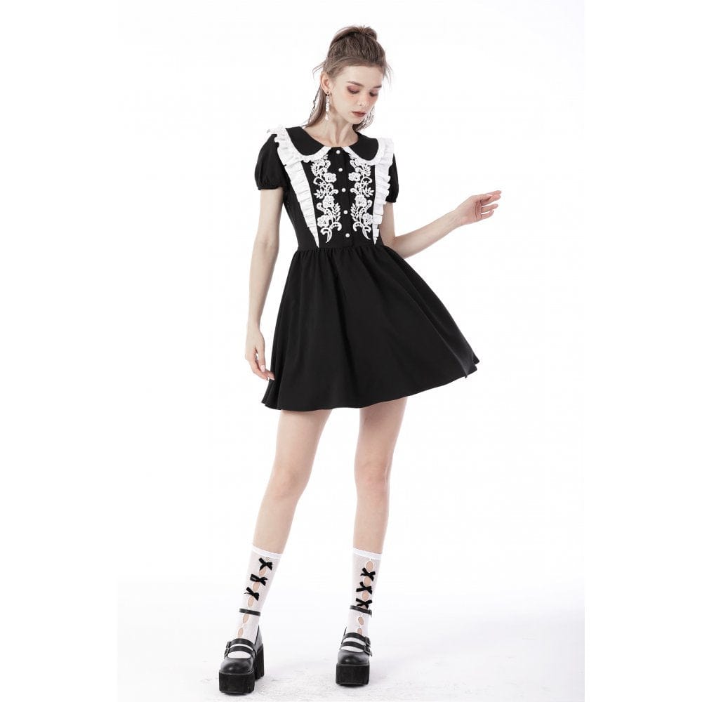 Darkinlove Women's Gothic Lolita Peter Pan Collar Floral Shirt Dress