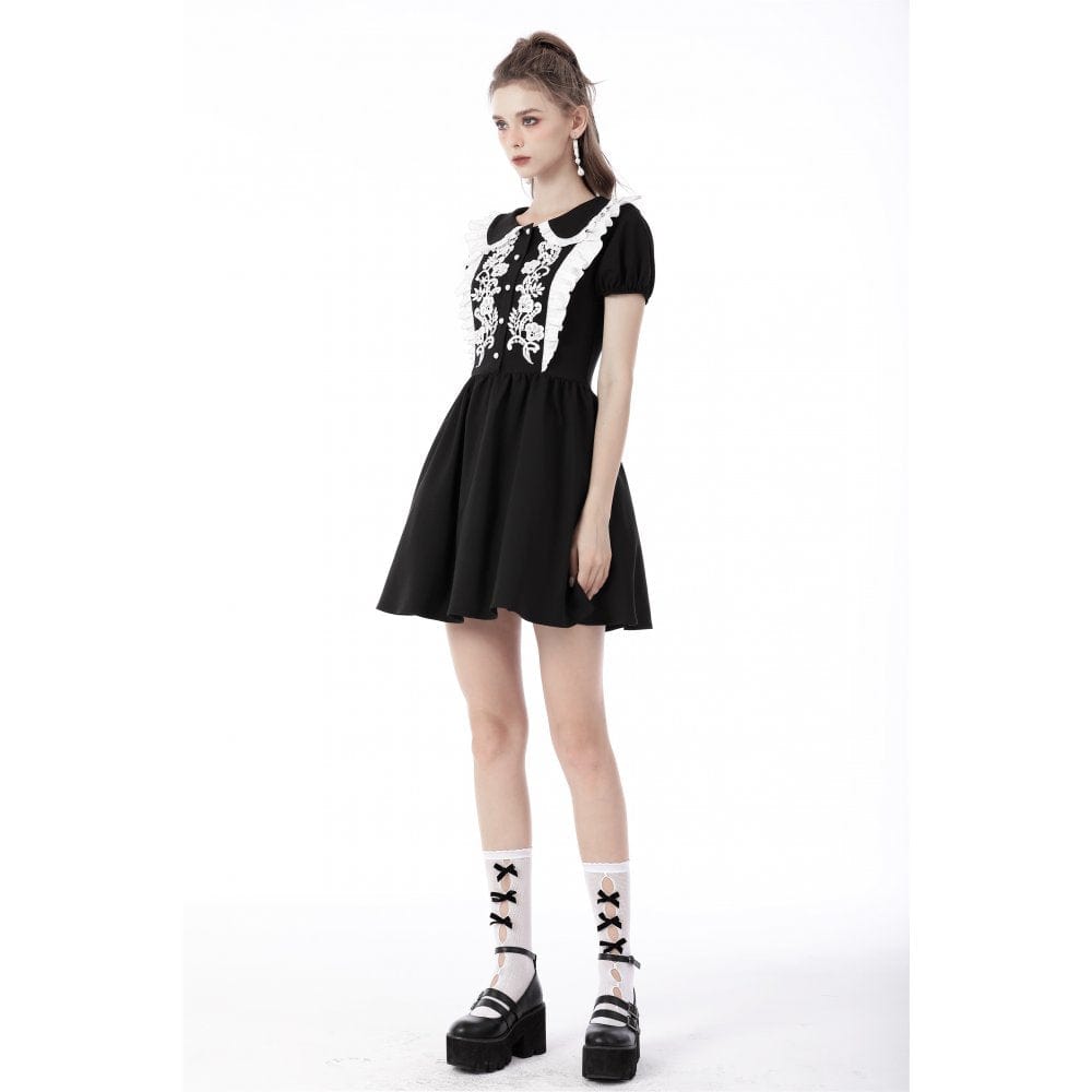 Darkinlove Women's Gothic Lolita Peter Pan Collar Floral Shirt Dress