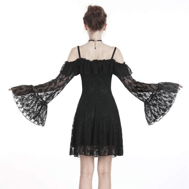 Darkinlove Women's Gothic Off-shoulder Lace Overlaid  Sheer Sleeved Dresses