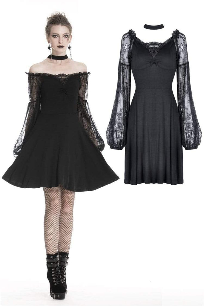 Darkinlove Women's Gothic Strapless Halter Dresses With Sheer Lace Sleeves