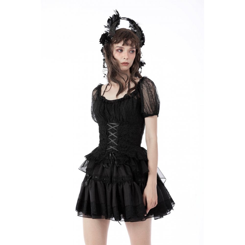 Darkinlove Women's Gothic Swallow Tail Puff Sleeved Lace Top