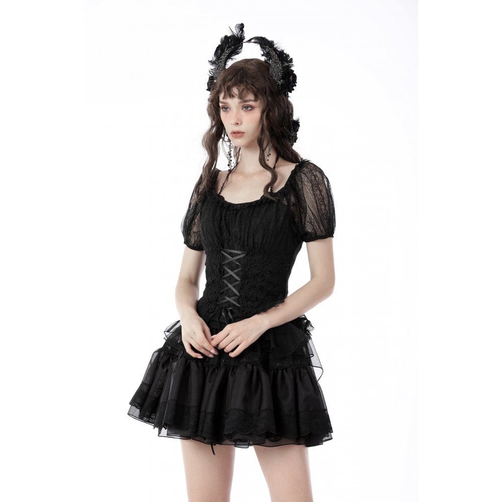 Darkinlove Women's Gothic Swallow Tail Puff Sleeved Lace Top