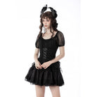 Darkinlove Women's Gothic Swallow Tail Puff Sleeved Lace Top