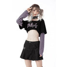 Darkinlove Women's Grunge Cat Printed Striped Sleeve Crop Top