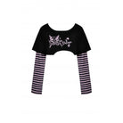 Darkinlove Women's Grunge Cat Printed Striped Sleeve Crop Top