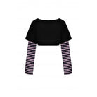 Darkinlove Women's Grunge Cat Printed Striped Sleeve Crop Top