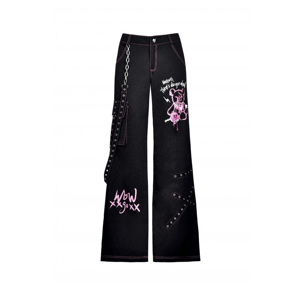 Darkinlove Women's Grunge Dangerous Bear Bell-bottoms with Belt