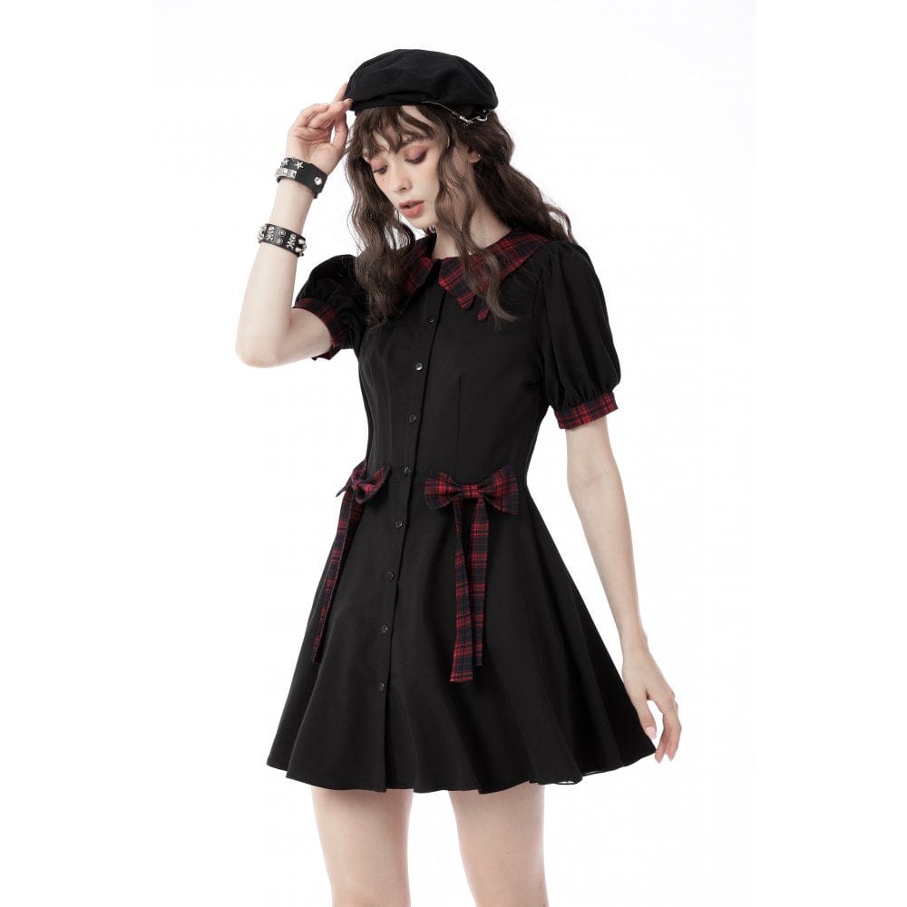 Darkinlove Women's Grunge Front Button Bowknot Shirt Dress