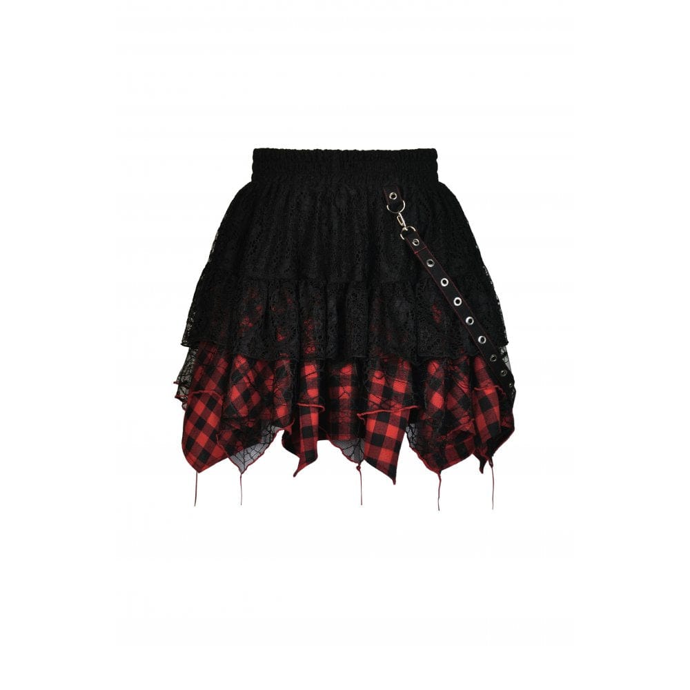 Darkinlove Women's Grunge Lace Red Plaid Ripped Short Skirt