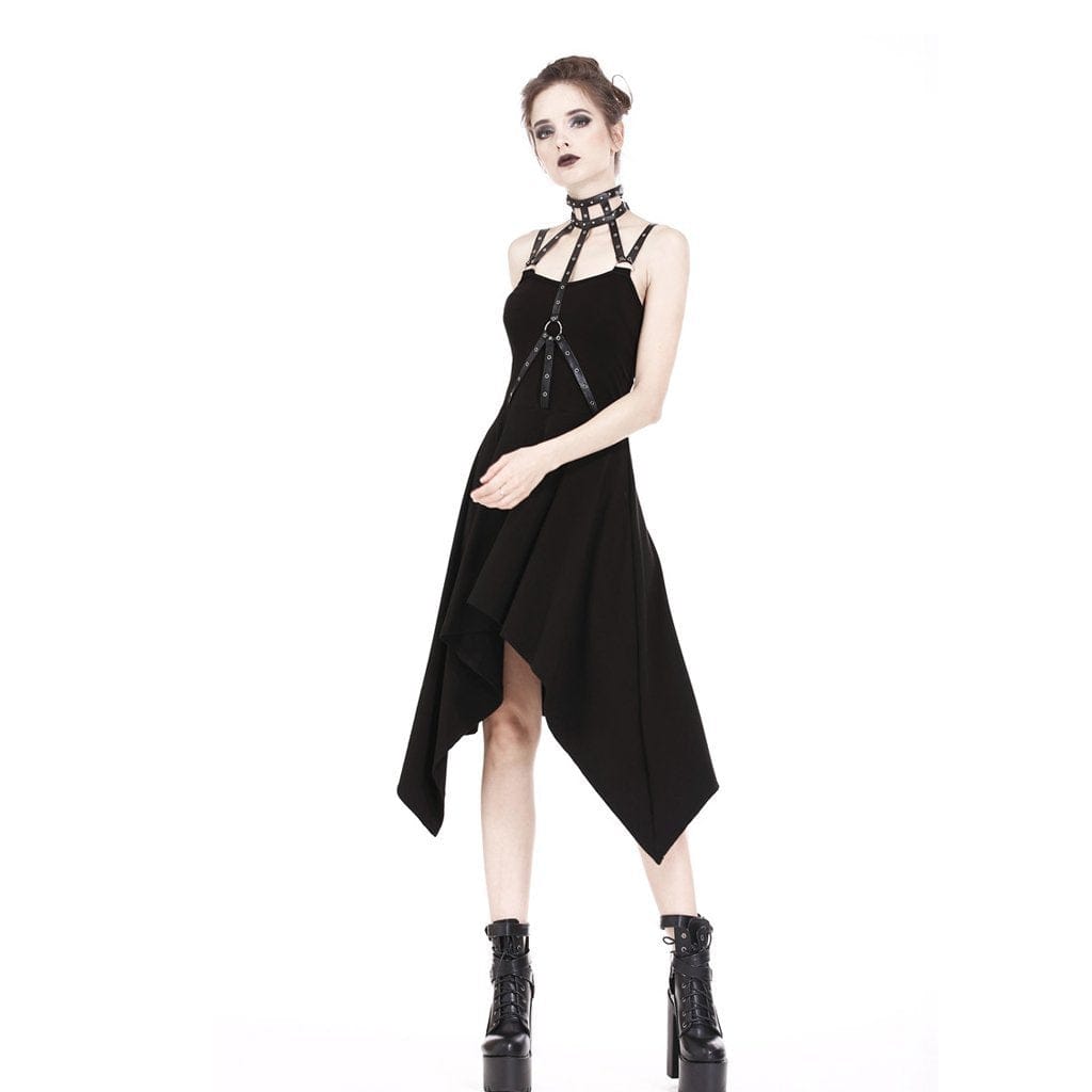 Darkinlove Women's Halterneck Irregular Goth Slip Dress With Faux Leather Straps