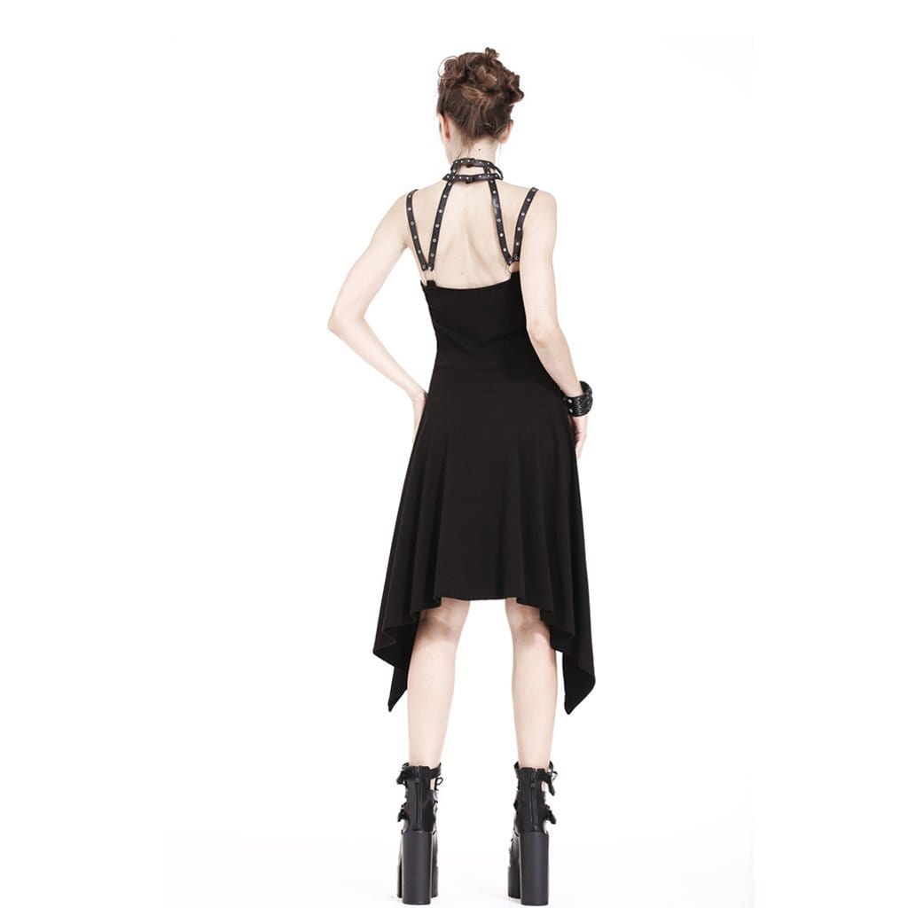 Darkinlove Women's Halterneck Irregular Goth Slip Dress With Faux Leather Straps