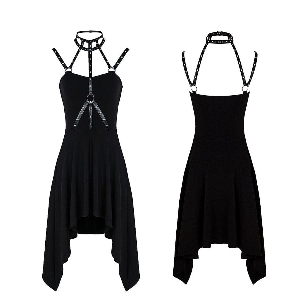 Darkinlove Women's Halterneck Irregular Goth Slip Dress With Faux Leather Straps