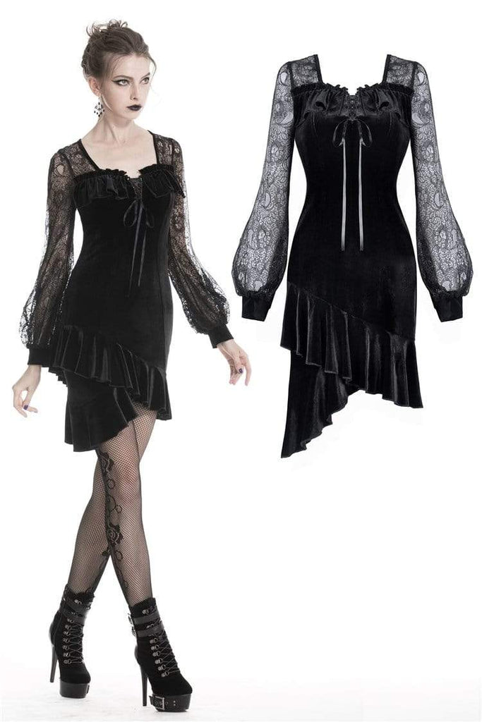 Darkinlove Women's Lolita Black Prom Velvet Dresses With Floral Lace Sleeves