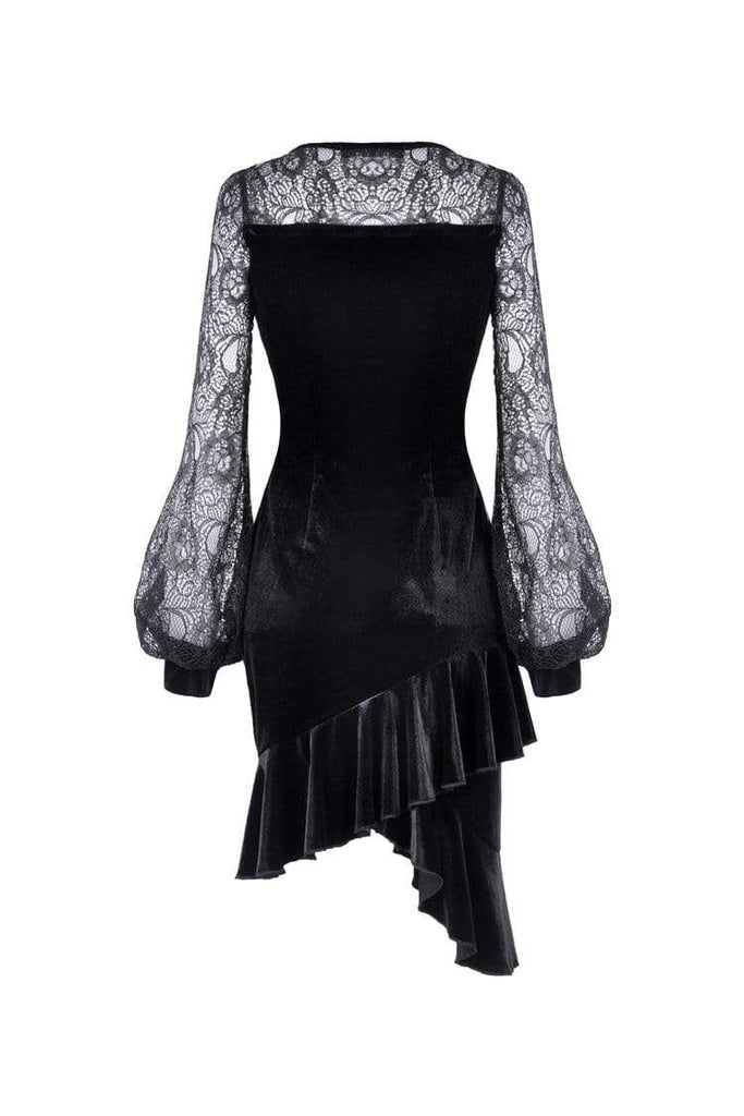 Darkinlove Women's Lolita Black Prom Velvet Dresses With Floral Lace Sleeves