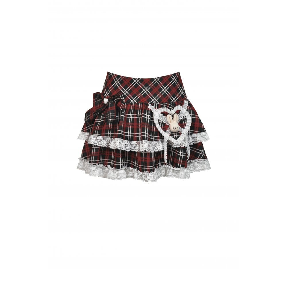 Darkinlove Women's Lolita Cute Rabbit Red Plaid Short Skirt