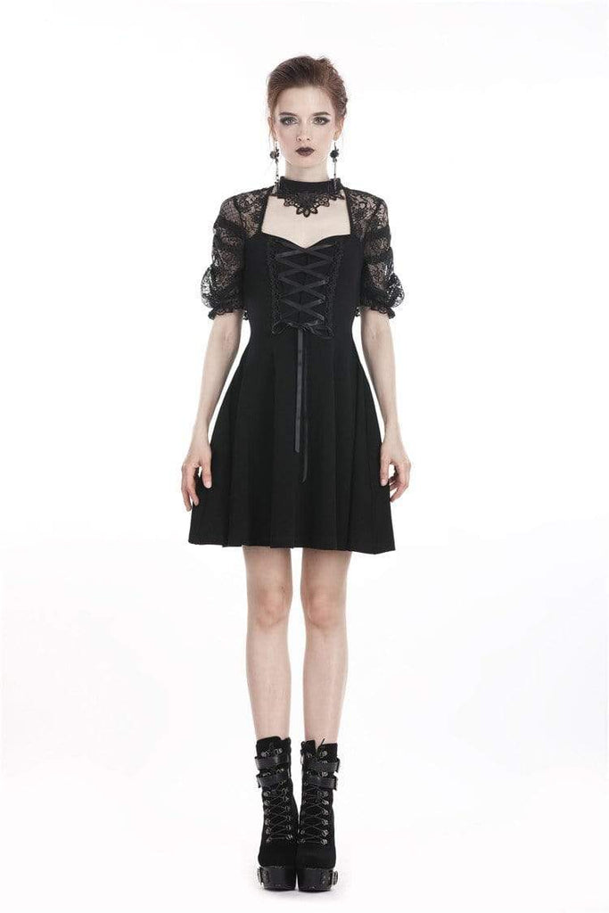 Darkinlove Women's Lolita Floral Lace Halterneck Velvet Black Little Dress