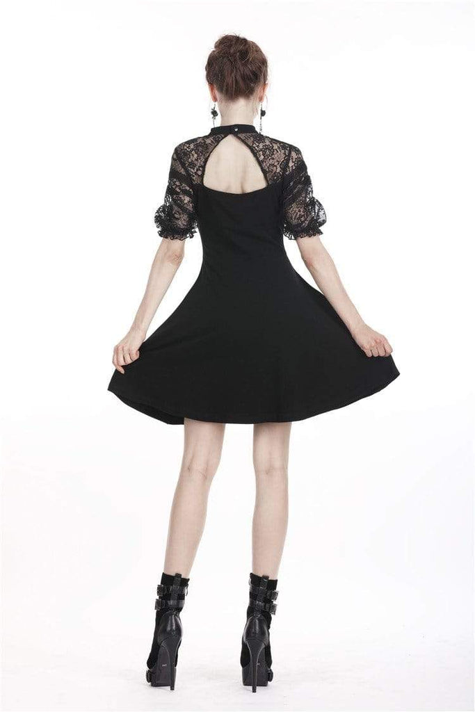 Darkinlove Women's Lolita Floral Lace Halterneck Velvet Black Little Dress