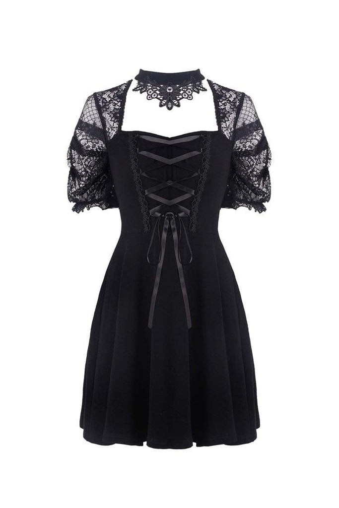 Darkinlove Women's Lolita Floral Lace Halterneck Velvet Black Little Dress