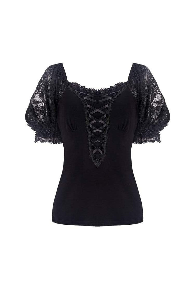 Darkinlove Women's Lolita Lacing Puff Short Sleeved Lace Tops