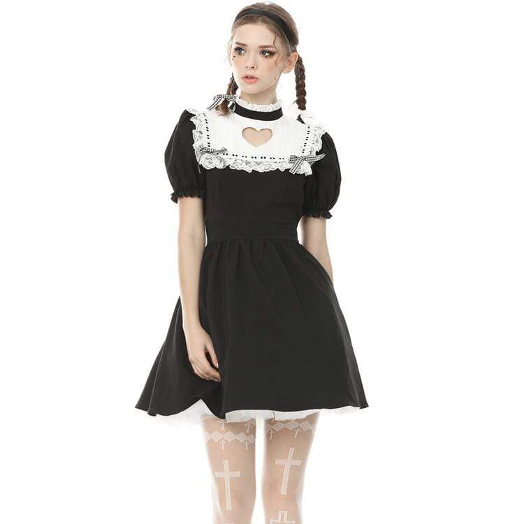 Women's Lolita Love Heart Cutout Black Maid Dresses