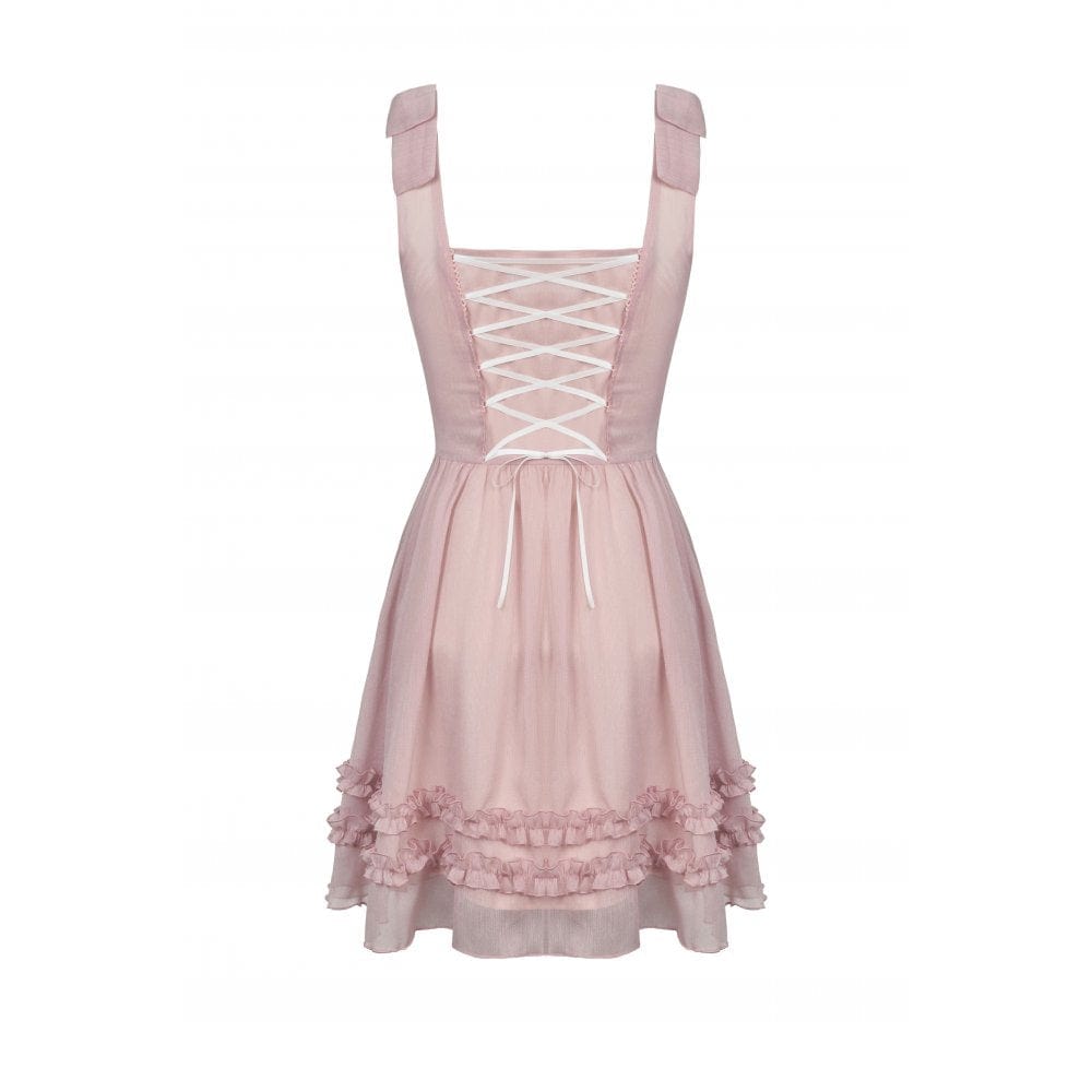 Darkinlove Women's Lolita Pink Ruffles Bowknot Slip Dress