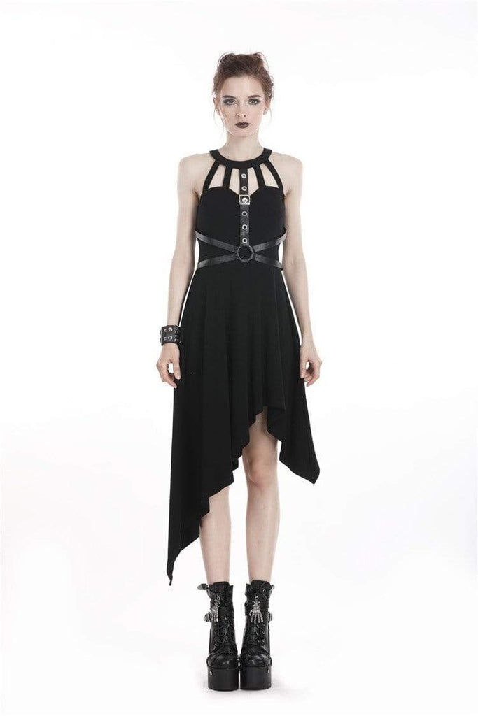 Darkinlove Women's Punk Asymmetrical Halterneck Dress with Faux Leather Harness