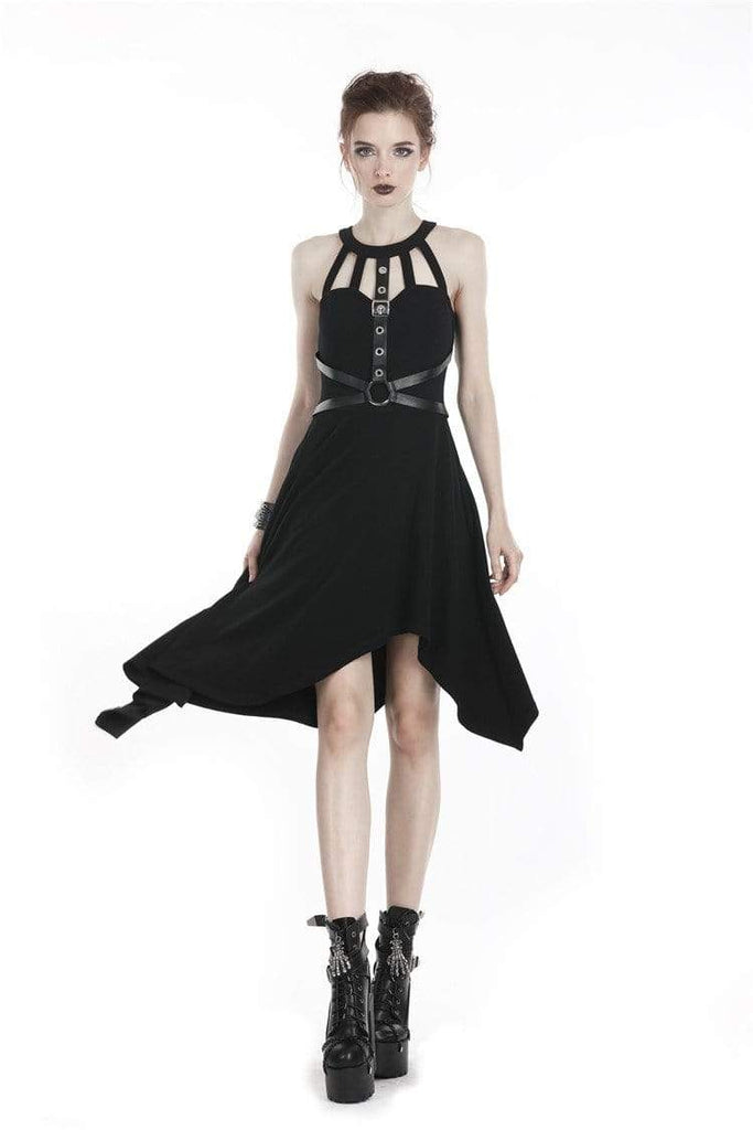 Darkinlove Women's Punk Asymmetrical Halterneck Dress with Faux Leather Harness